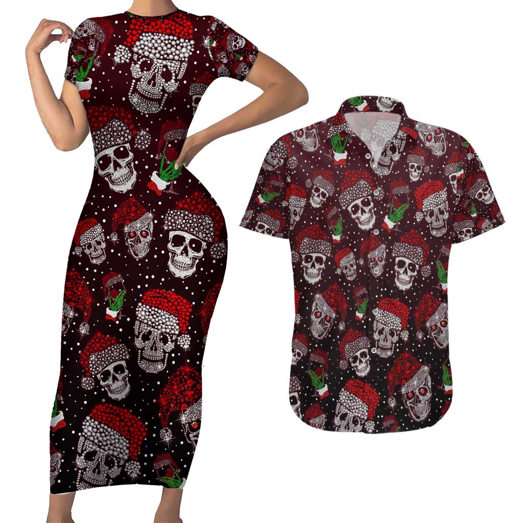 Xmas Skulls Love Christmas Cocktails Couples Matching Short Sleeve Bodycon Dress and Hawaiian Shirt - Wonder Print Shop