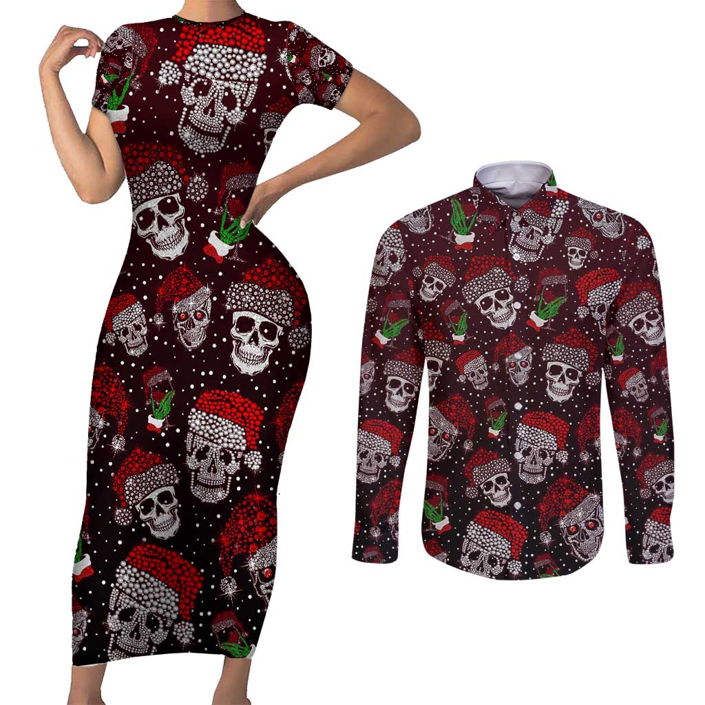 Xmas Skulls Love Christmas Cocktails Couples Matching Short Sleeve Bodycon Dress and Long Sleeve Button Shirt - Wonder Print Shop