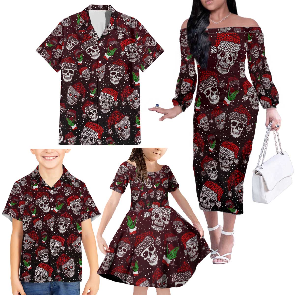 Xmas Skulls Love Christmas Cocktails Family Matching Off The Shoulder Long Sleeve Dress and Hawaiian Shirt - Wonder Print Shop