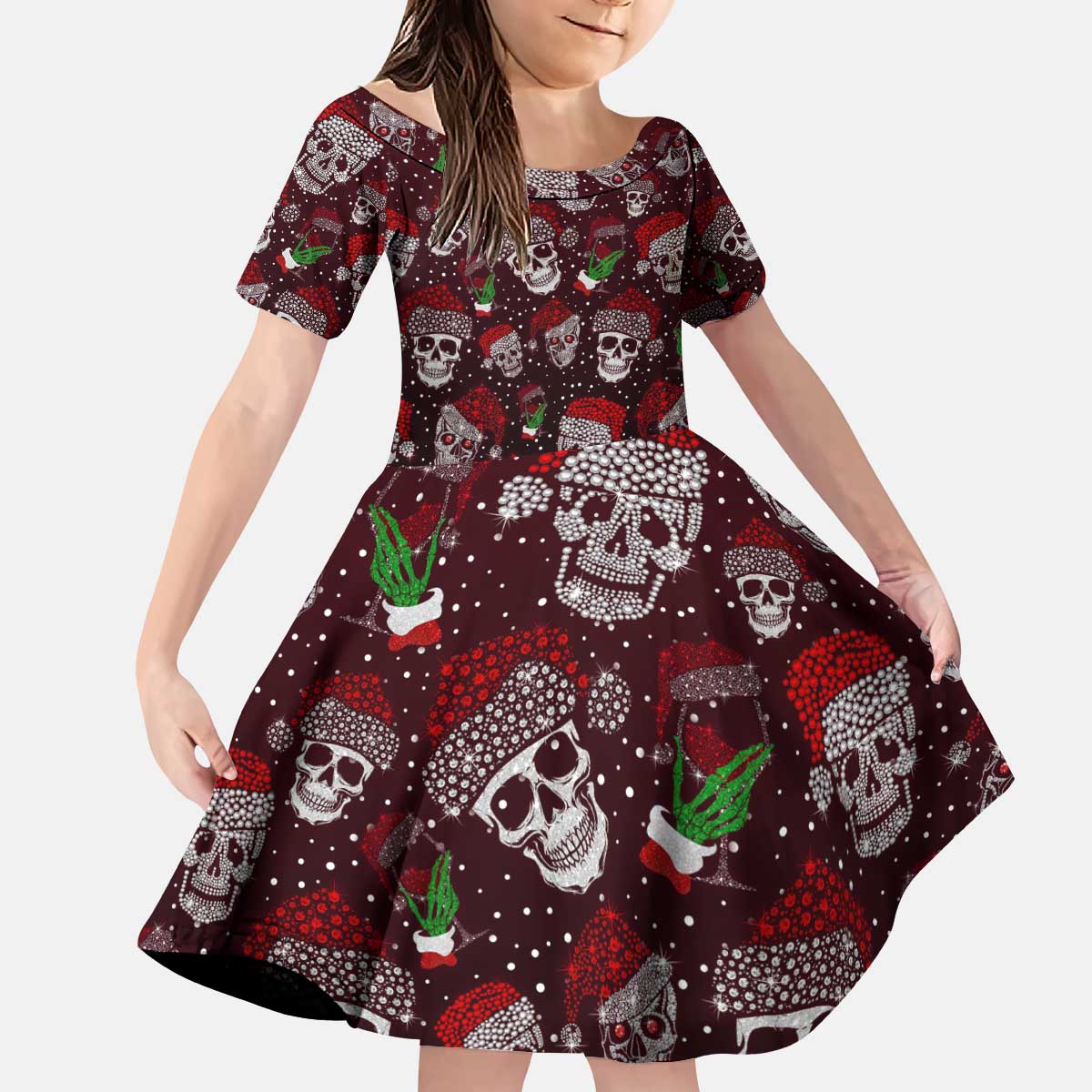 Xmas Skulls Love Christmas Cocktails Kid Short Sleeve Dress - Wonder Print Shop