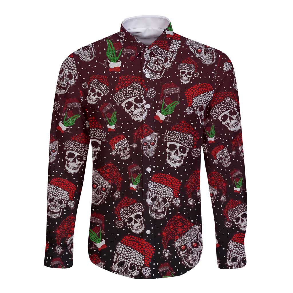 Long-sleeve button shirt in dark red with skull and cactus cocktail pattern