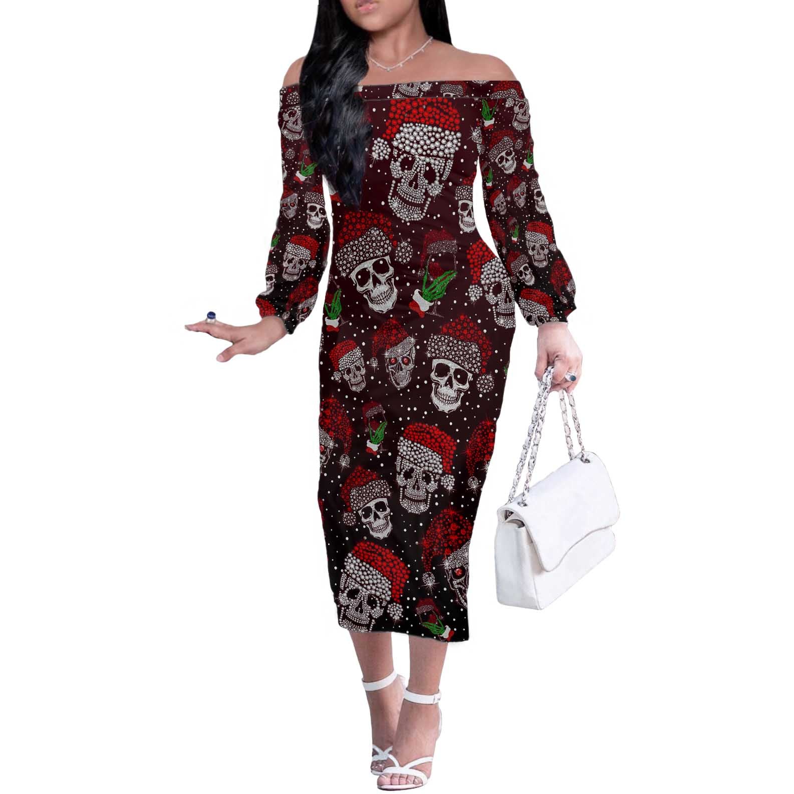 Xmas Skulls Love Christmas Cocktails Off The Shoulder Long Sleeve Dress - Wonder Print Shop