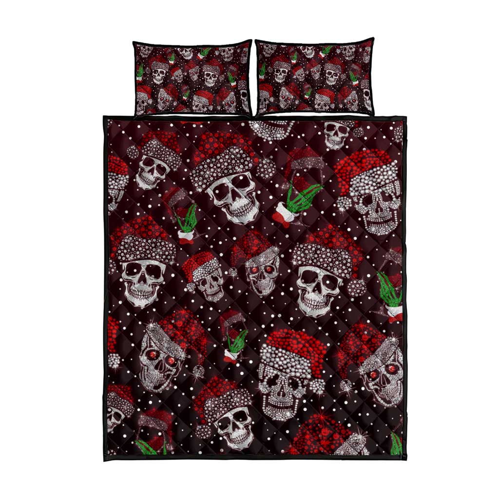 Christmas skull quilt bed set with red speckle pattern and two matching pillow shams