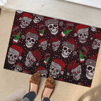 Red rubber doormat with festive skull pattern and green cocktail drink icons