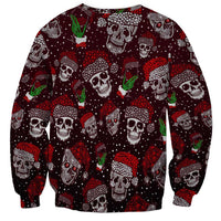 Unisex skull-pattern Christmas sweatshirt, dark red with green chili icons and glitter dots