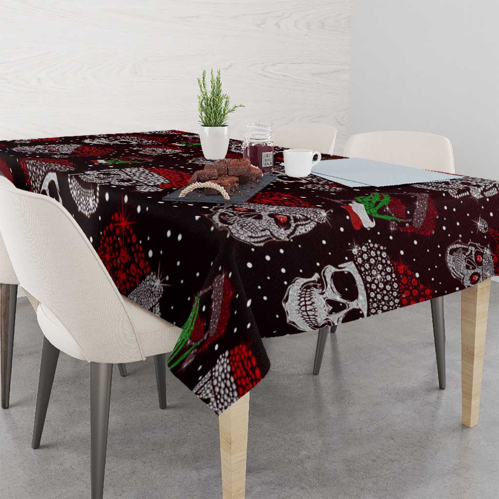 Square Christmas tablecloth with black skulls, red speckles, and green chili graphics