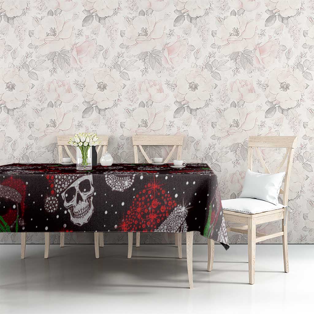 Long Christmas tablecloth featuring black skulls, red details, and green chili motifs
