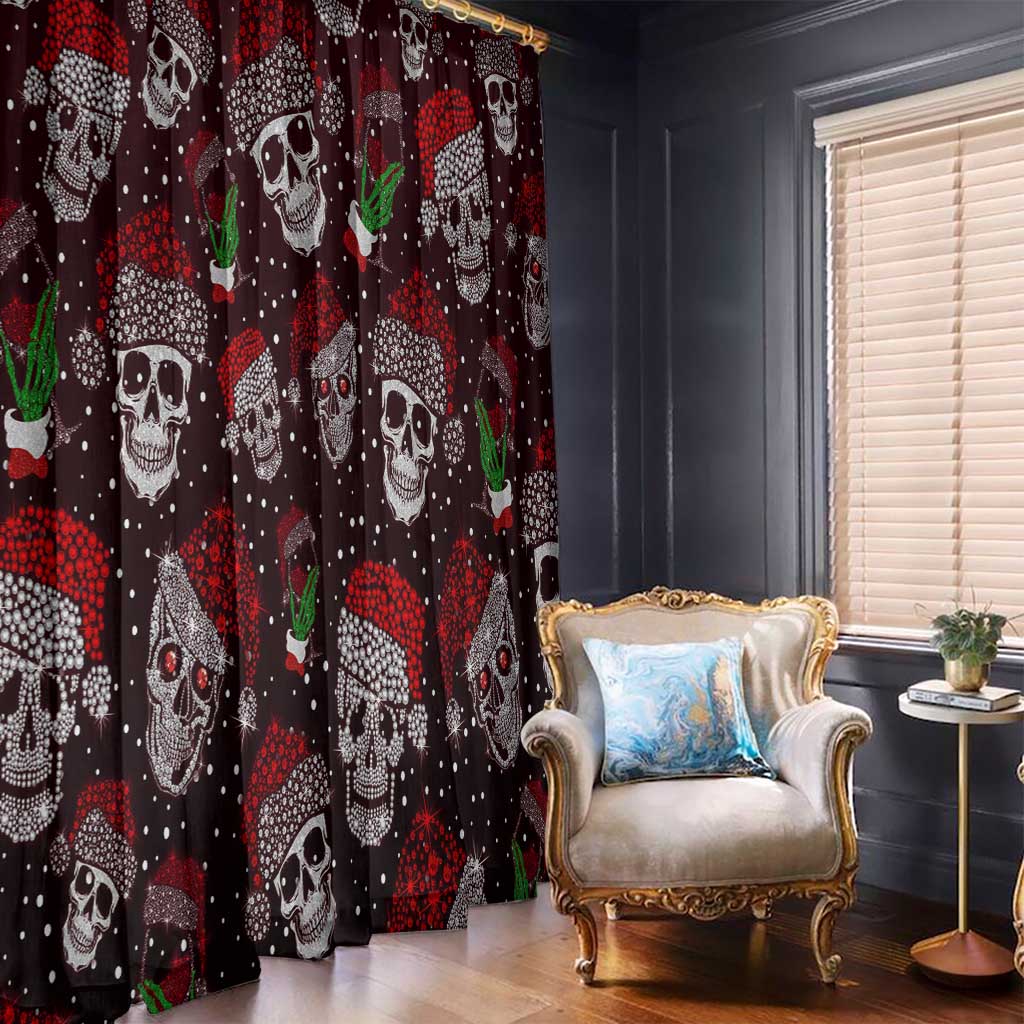 Christmas window curtain panel with dark maroon skulls, red heart dots, and green cactus motifs