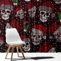Christmas window curtain close view with white skull faces, red heart shapes, and green cactus details