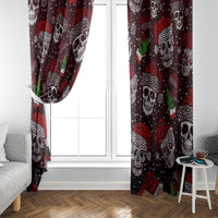 Christmas window curtain hanging each side of a window, dark maroon skull and red heart pattern