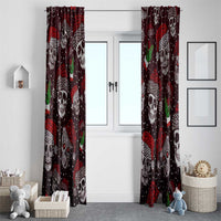 Christmas window curtain pair with dark maroon skulls, red heart bursts, and green cactus accents