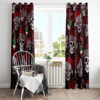 Christmas window curtain panels with dark maroon skulls, red heart design, and green cactus sprigs