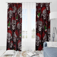 Christmas window curtain panels with dark maroon skulls, red hearts, and green cactus accents, center sheer