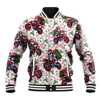 White unisex baseball jacket with striped ribbed collar, cuffs, and Santa motorbike prints