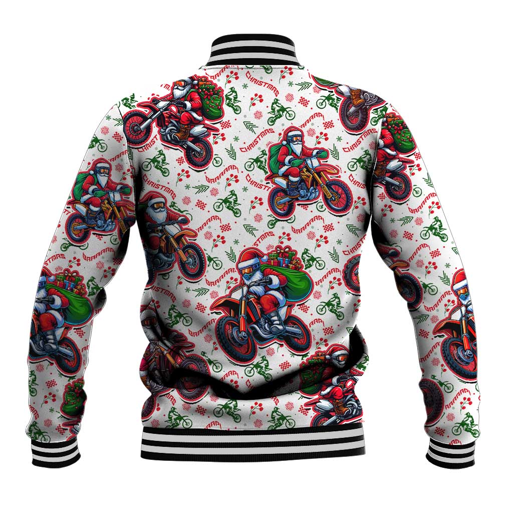 White unisex baseball jacket with striped ribbed collar and colorful Santa motorbike graphics