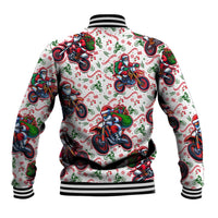 White unisex baseball jacket with striped ribbed collar and colorful Santa motorbike graphics