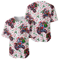 Pair of white baseball jerseys showing front and back Santa motorbike graphic print