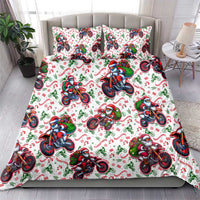 White Christmas bedding set with Santa on motorbikes pattern, shown with two pillowcases
