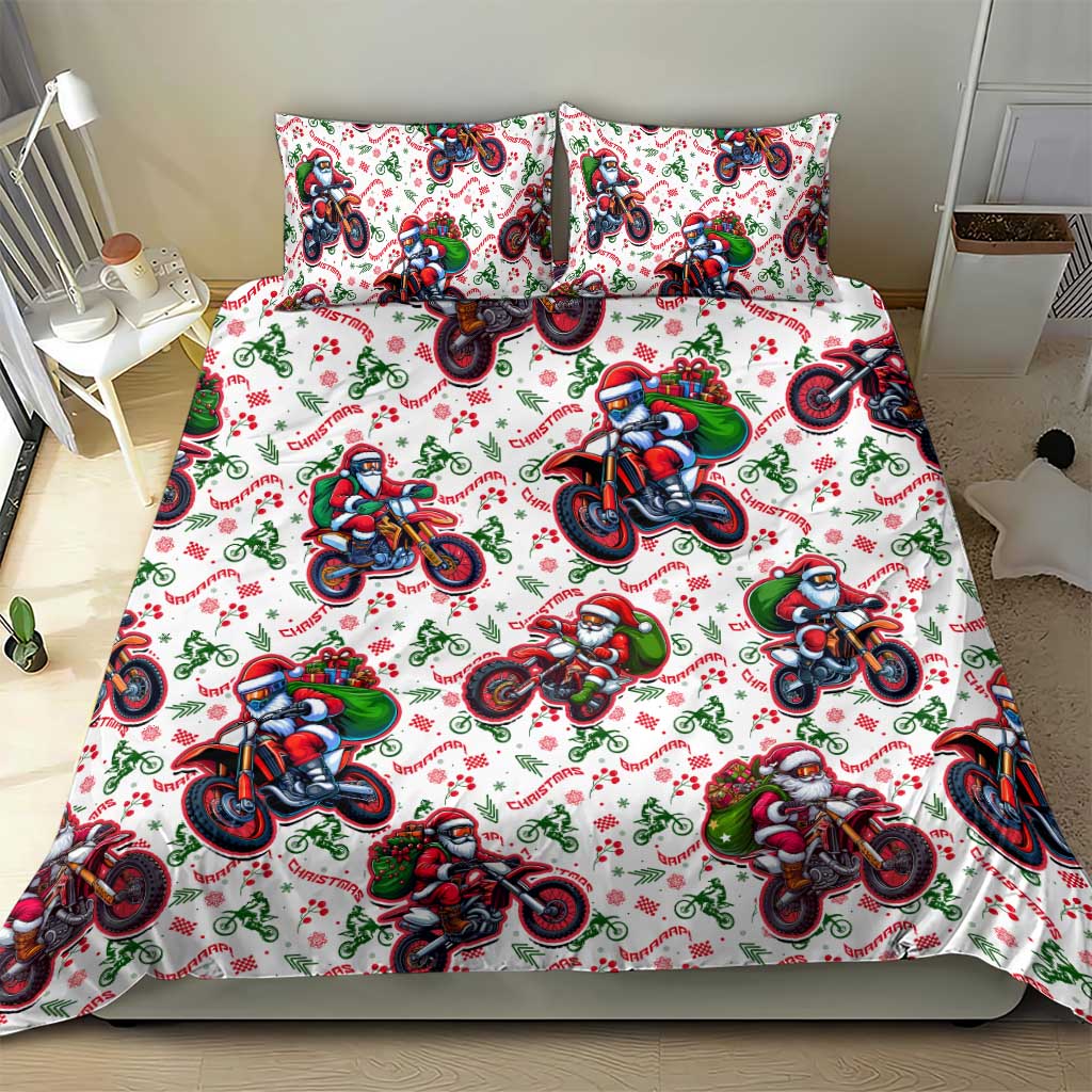 White Christmas bedding set with Santa motorbike print, duvet with two coordinated pillowcases