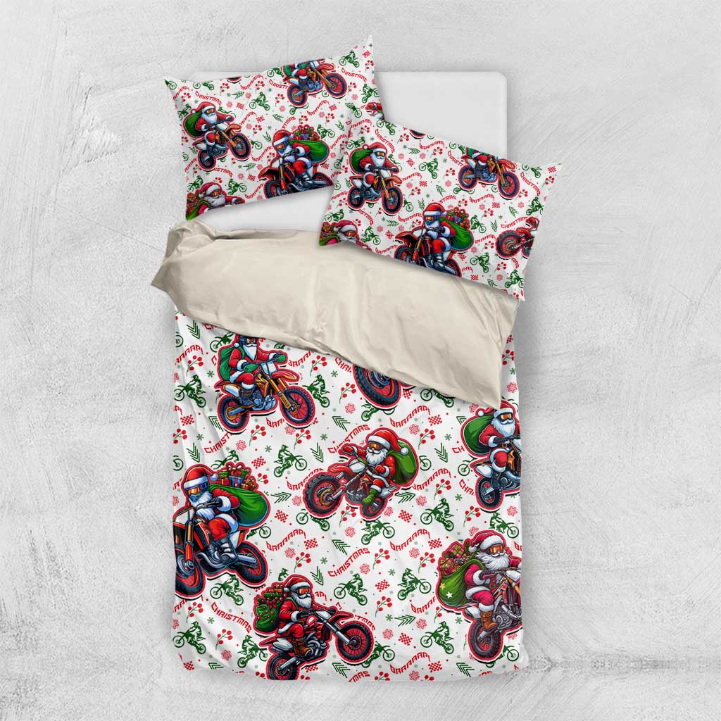 White Christmas bedding set with Santa riding motorbikes design and folded matching pillowcases