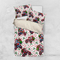 White Christmas bedding set with Santa riding motorbikes design and folded matching pillowcases