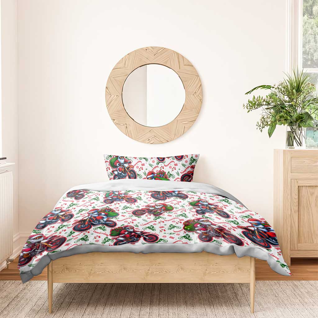 White Christmas bedding set with Santa riding motorbikes pattern on duvet cover and pillowcase
