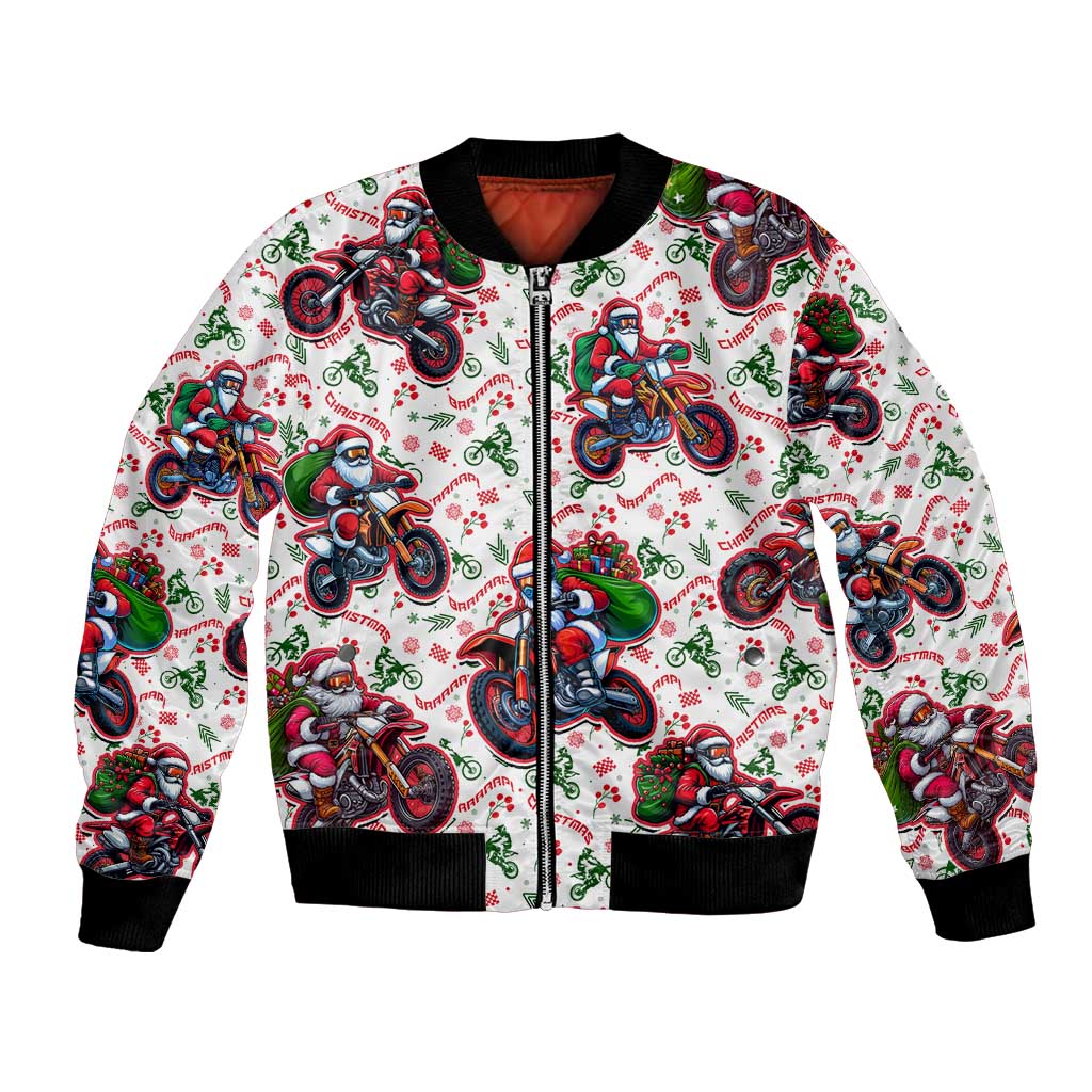 White unisex bomber jacket with Santa riding motorbikes print, front zipper, ribbed cuffs