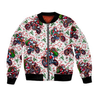 White unisex bomber jacket with Santa riding motorbikes print, front zipper, ribbed cuffs