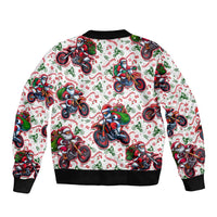 White bomber jacket with scattered Santa motorbike graphics, ribbed knit collar and hem