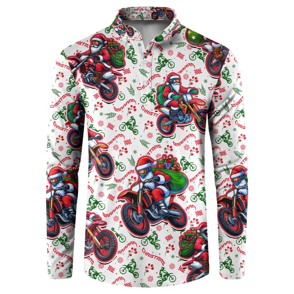 White crewneck button sweatshirt with colorful motorbike Santa holiday print
