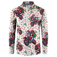 White crewneck button sweatshirt with colorful motorbike Santa holiday print