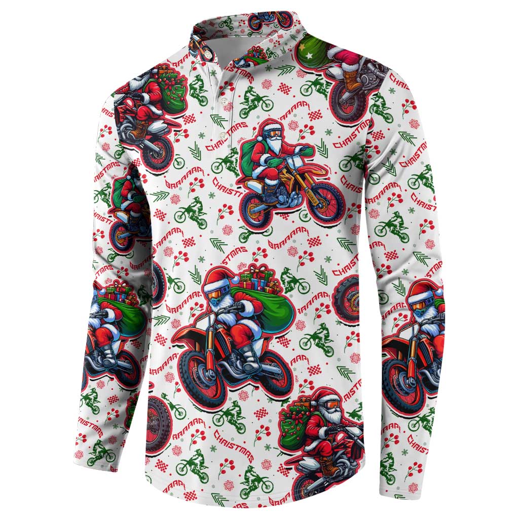 White crewneck sweatshirt with motorbike Santa holiday print, long sleeves
