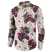 White crewneck sweatshirt with motorbike Santa holiday print, long sleeves