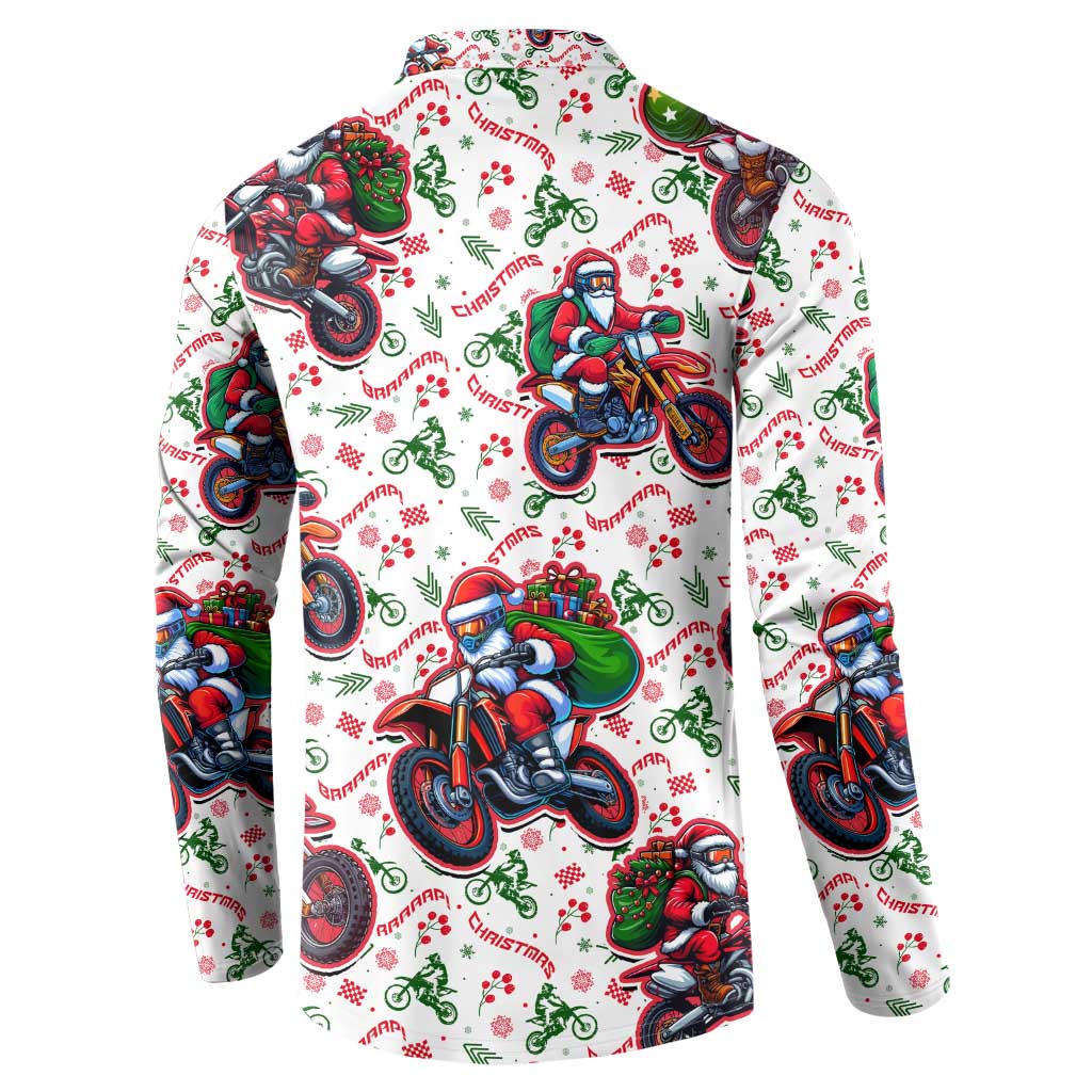 White crewneck sweatshirt with motorbike Santa holiday graphics, long sleeves