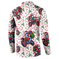 White crewneck sweatshirt with motorbike Santa holiday graphics, long sleeves