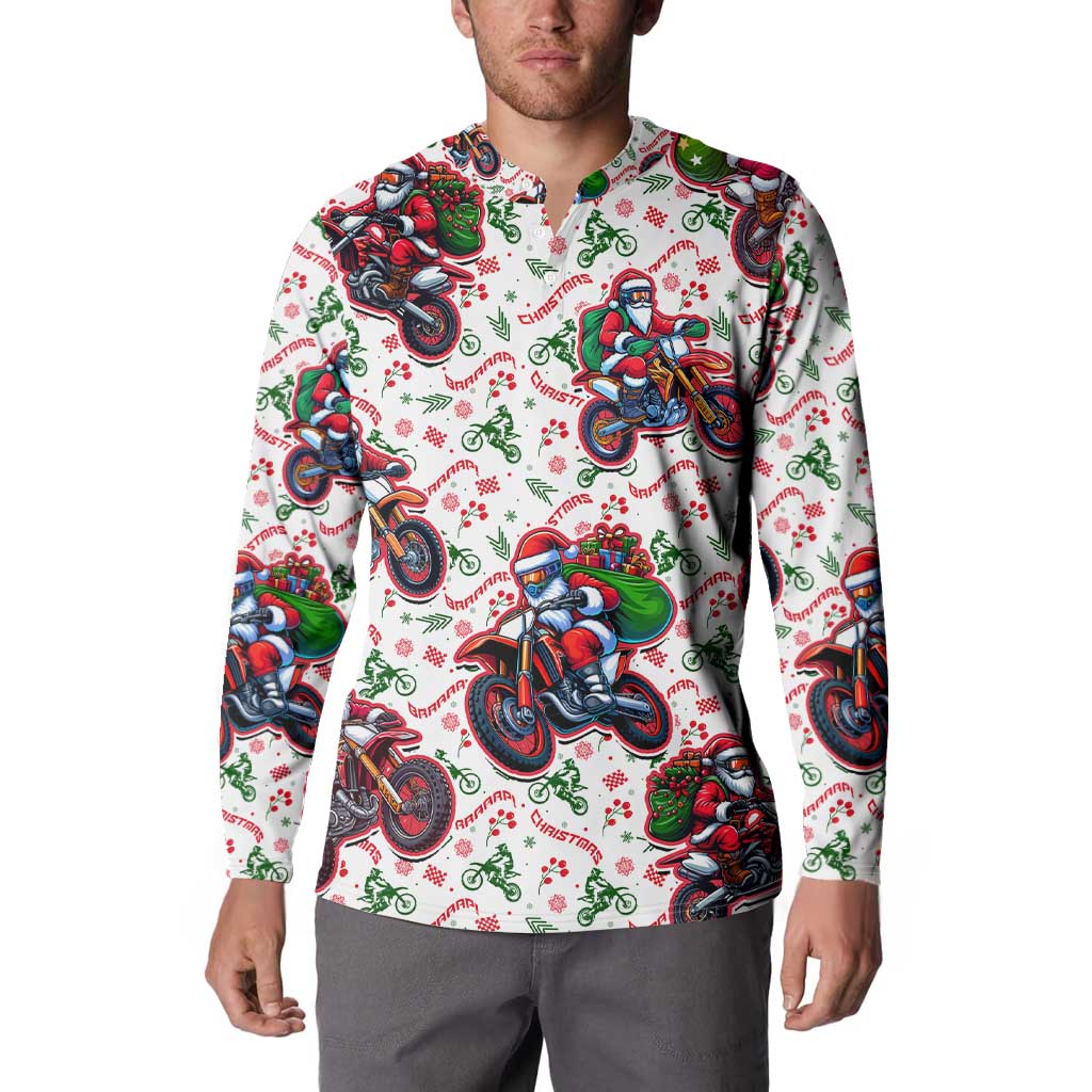 Men's white crewneck sweatshirt with motorbike Santa holiday print, long sleeves