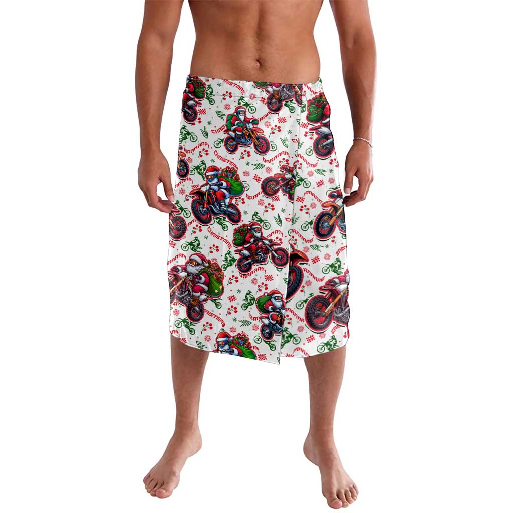 White motorbike print lavalava wrap skirt with red and green festive graphics
