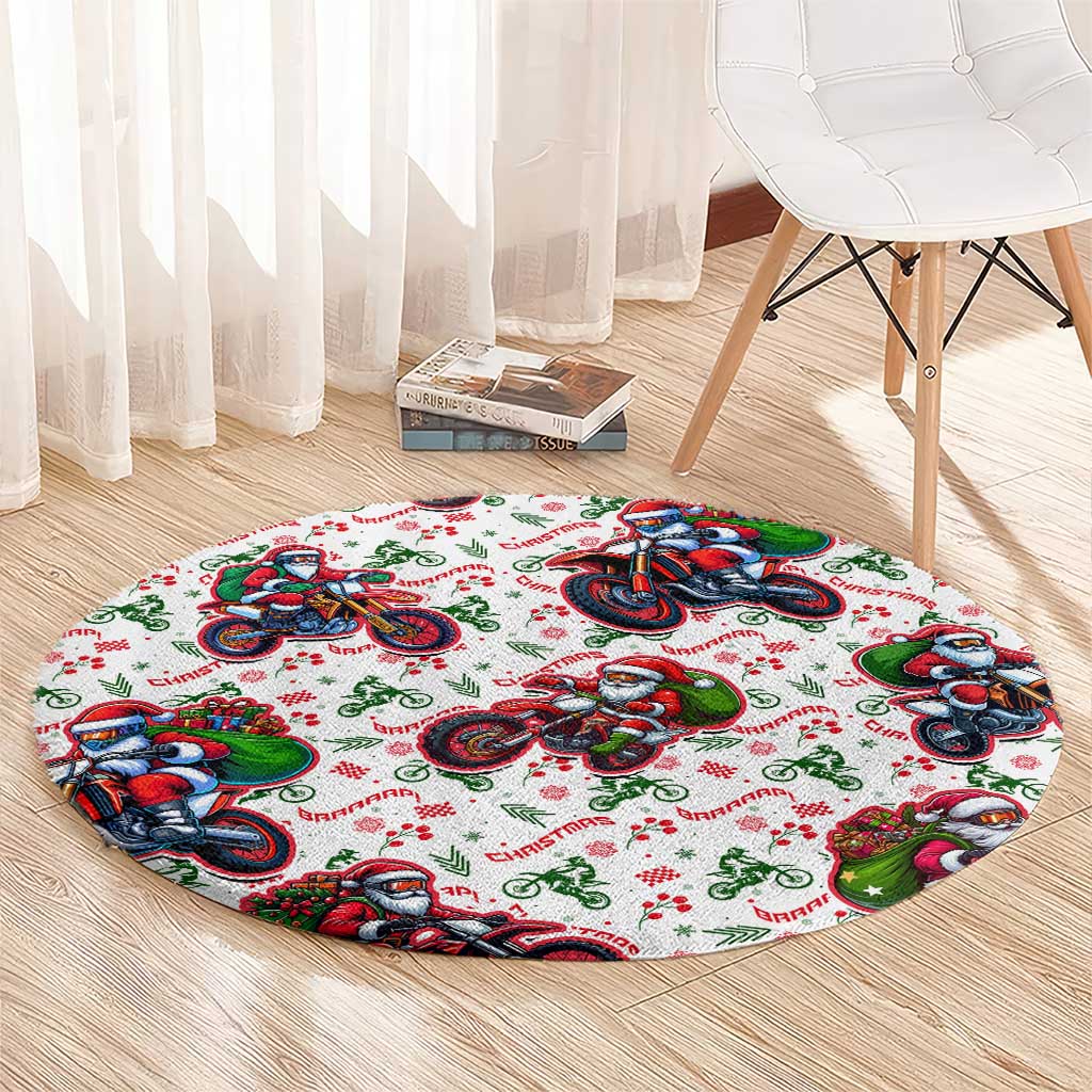 Round Christmas carpet with Santa and motorbikes pattern, red, green, and blue on white