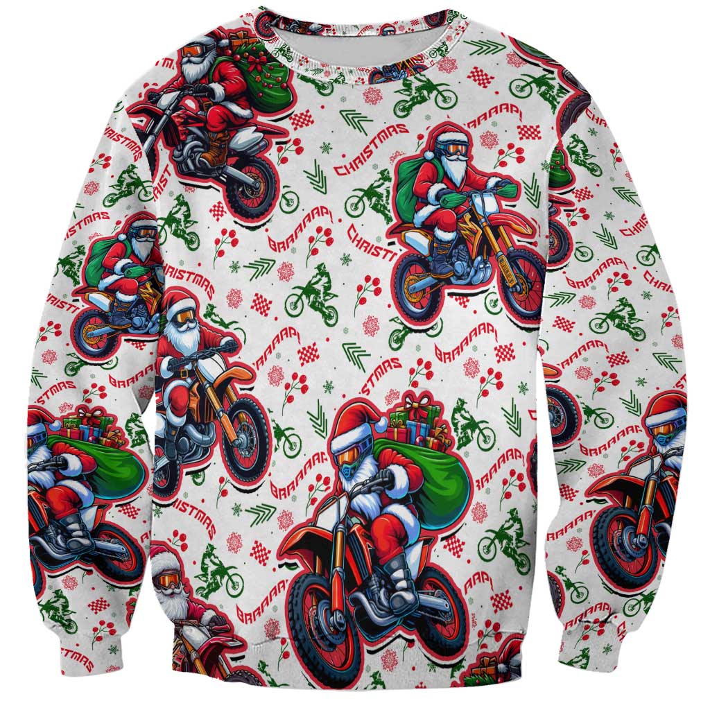 White Christmas sweatshirt with Santa motorbike graphics and red green pattern.
