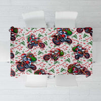Christmas tablecloth with white background, red green motorbike Santa print, straight edge hem