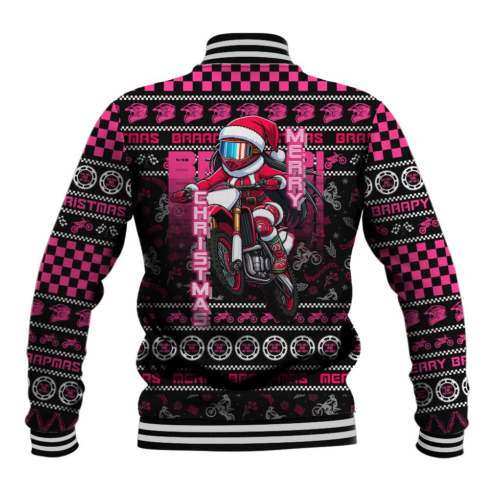 Black/pink unisex baseball jacket back with rider girl graphic and ribbed trim