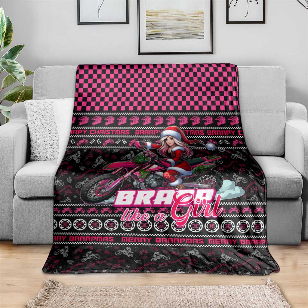 Black blanket with pink trim and girl-on-motorbike print, “BRAP Girl” style
