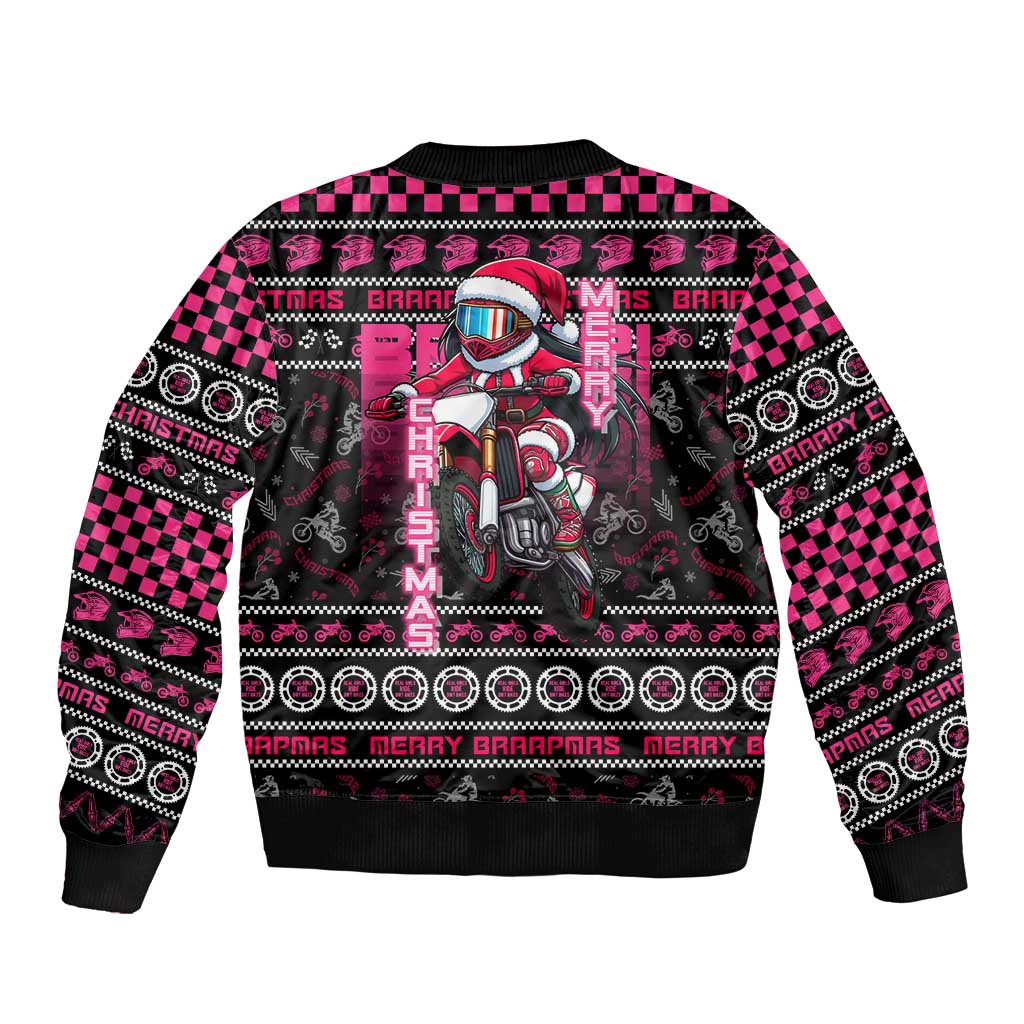 Black unisex bomber jacket with pink checker shoulders and back graphic, ribbed collar and hem.