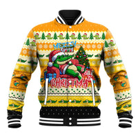 Unisex yellow Christmas baseball jacket with crocodile graphic, zip front, ribbed striped trim