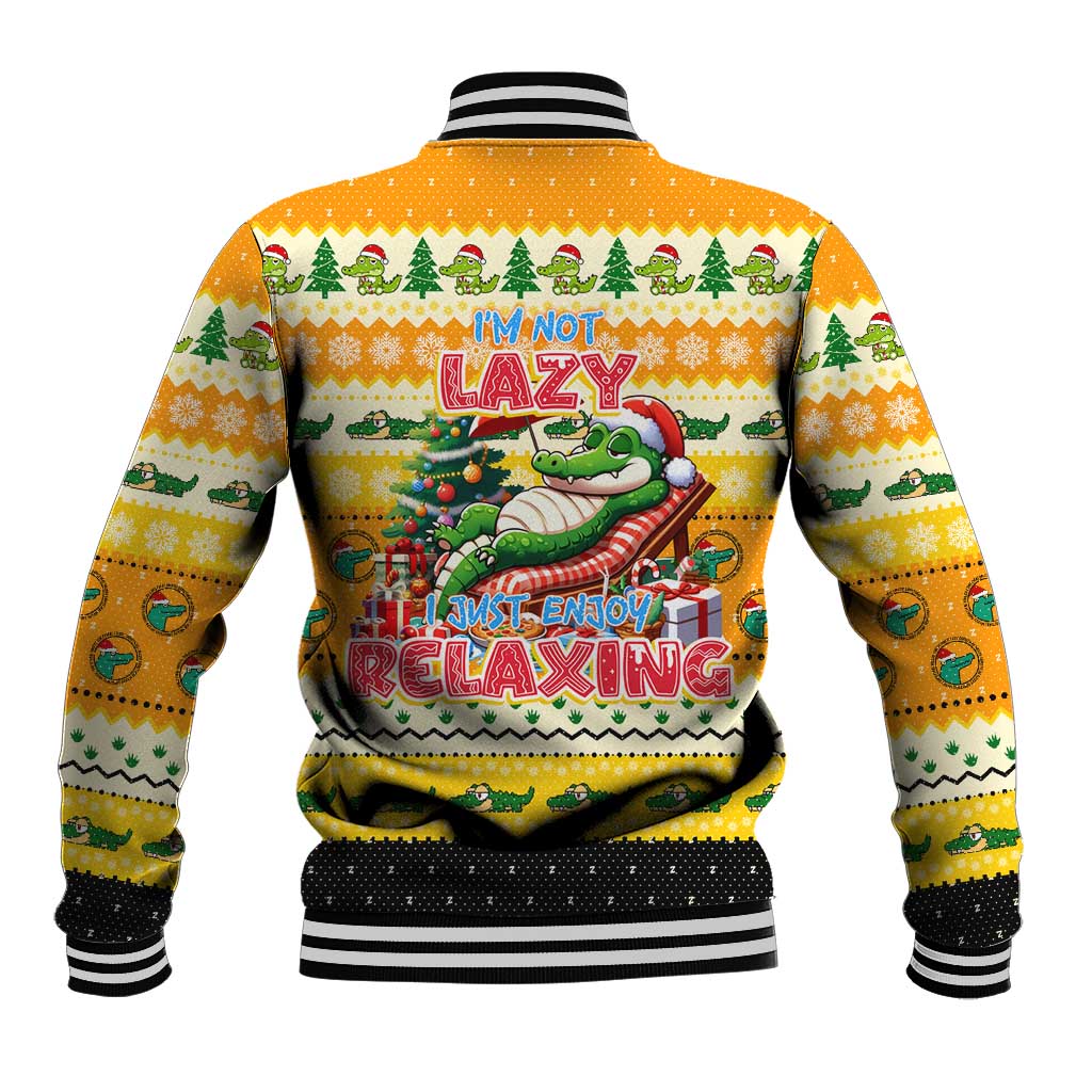 Unisex yellow Christmas baseball jacket with crocodile back print, zip front, striped rib trim