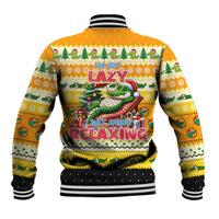 Unisex yellow Christmas baseball jacket with crocodile back print, zip front, striped rib trim