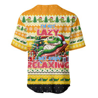 Yellow Christmas baseball jersey with green crocodile graphic and IM NOT LAZY text