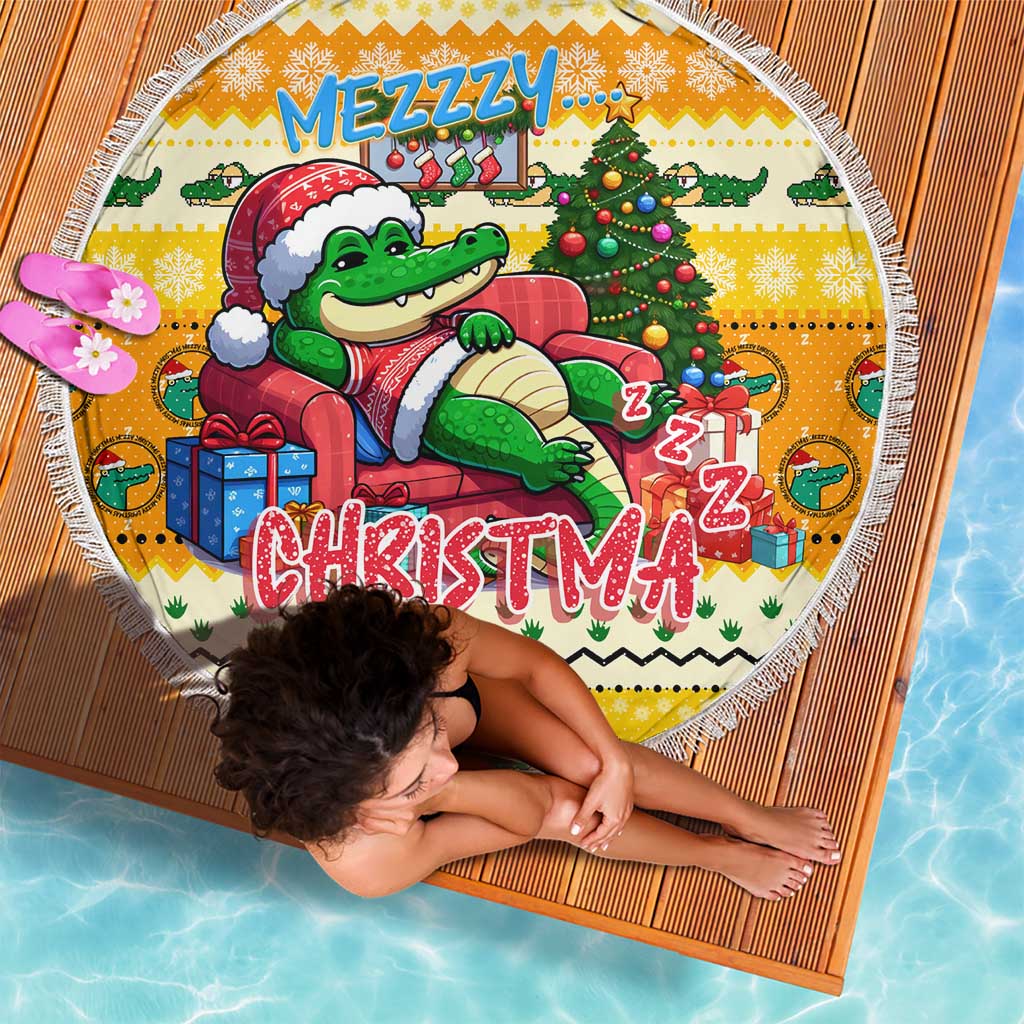 Round yellow Christmas beach blanket with cartoon crocodile in Santa gear and fringe