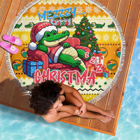 Round yellow Christmas beach blanket with cartoon crocodile in Santa gear and fringe