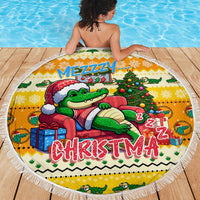 Round yellow Christmas beach blanket with crocodile Santa, gifts and fringe edge